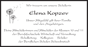 Traueranzeige von Elena Kopzev von HNA