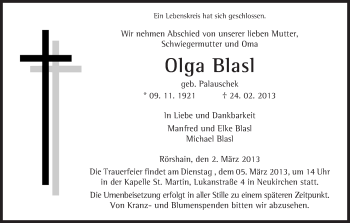 Traueranzeige von Olga Blasl von HNA