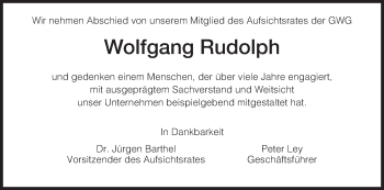 Traueranzeige von Wolfgang Rudolph von HNA