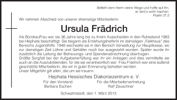 Traueranzeige von Ursula Frädrich von HNA