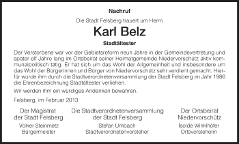 Traueranzeige von Karl Belz von HNA