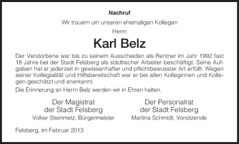 Traueranzeige von Karl Belz von HNA