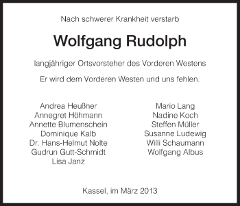 Traueranzeige von Wolfgang Rudolph von HNA