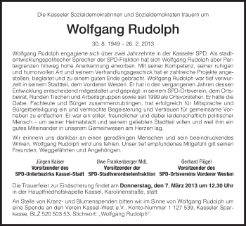 Traueranzeige von Wolfgang Rudolph von HNA