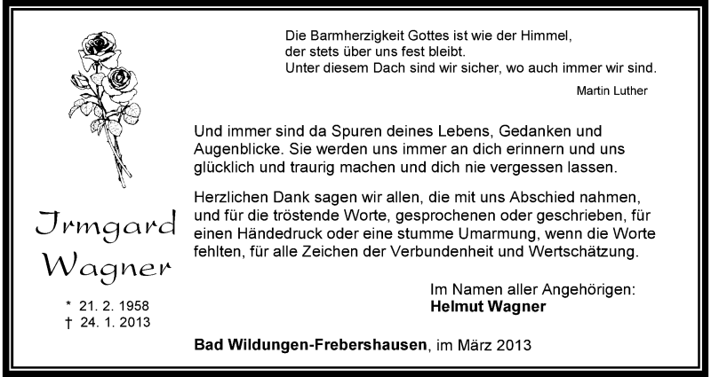  Traueranzeige für Irmgard Wagner vom 02.03.2013 aus HNA