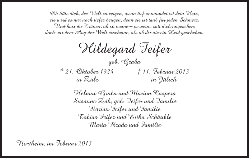  Traueranzeige für Hildegard Feifer vom 02.03.2013 aus HNA