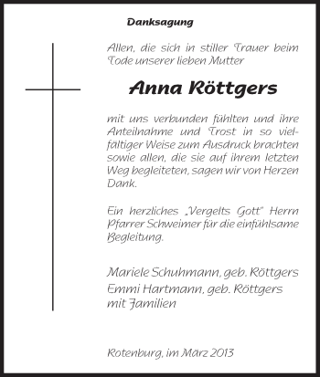 Traueranzeige von Anna Röttgers von HNA