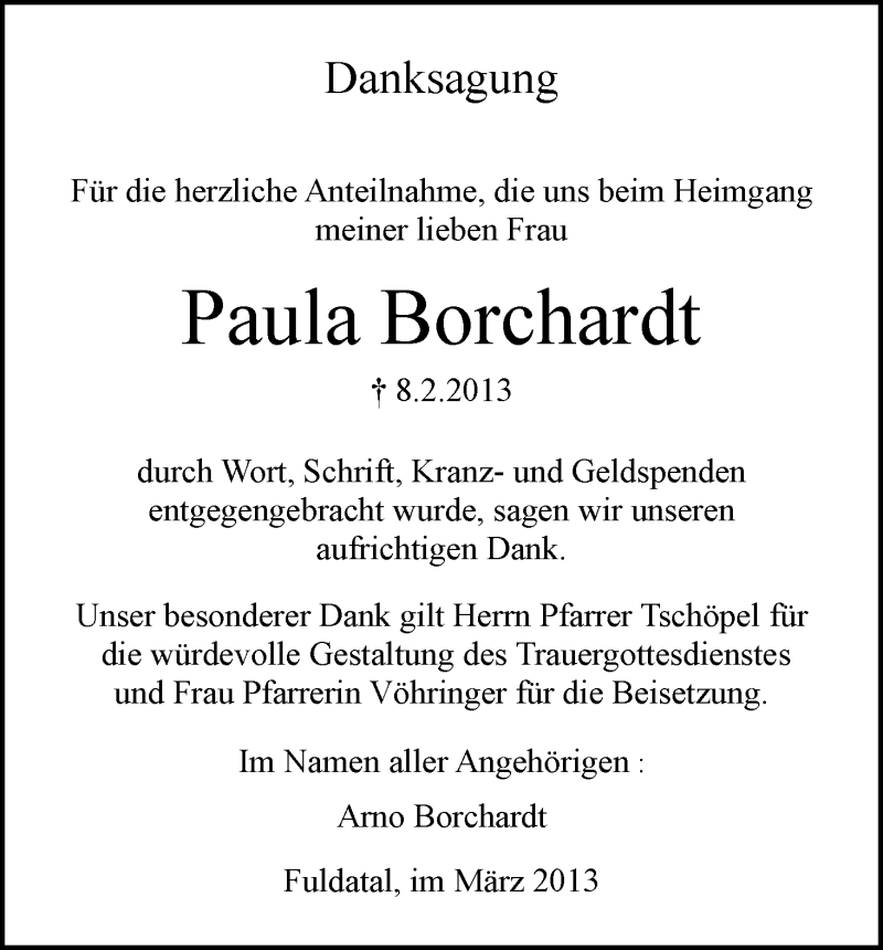  Traueranzeige für Paula Borchardt vom 02.03.2013 aus HNA