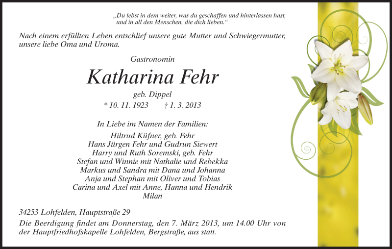  Traueranzeige für Katharina Fehr vom 04.03.2013 aus HNA