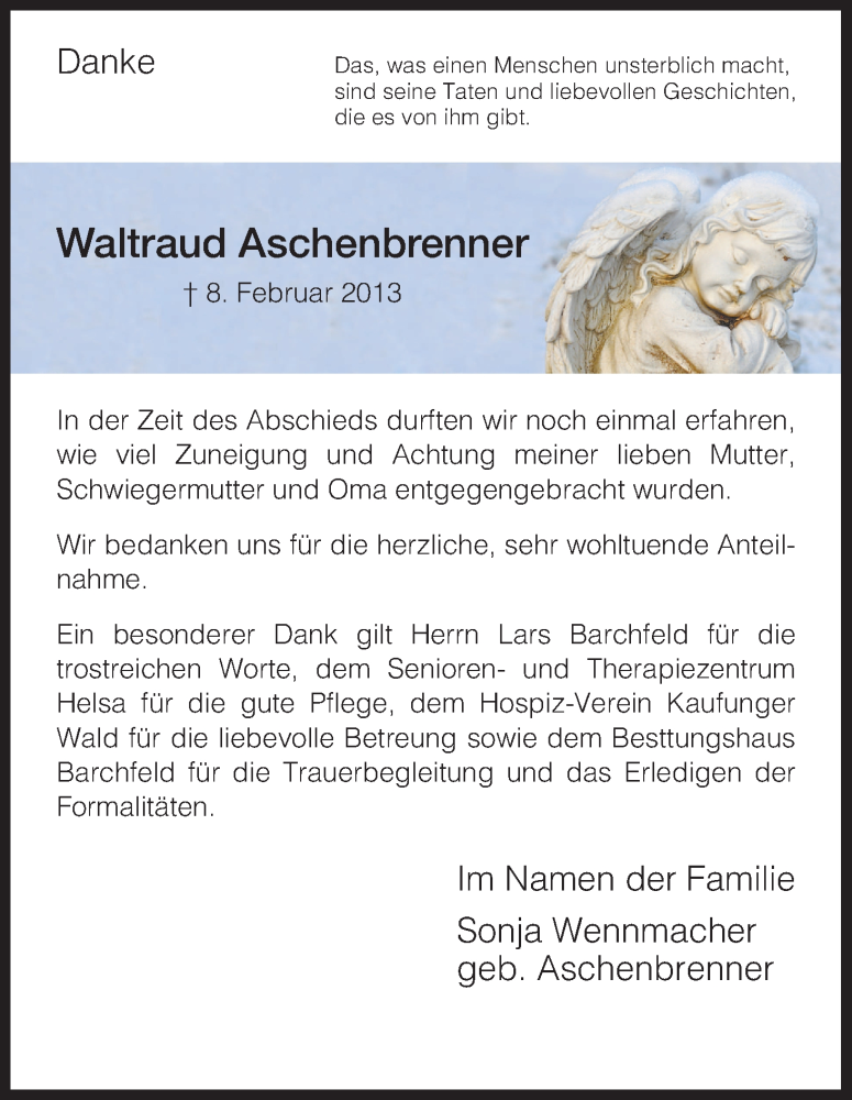  Traueranzeige für Waltraud Aschenbrenner vom 09.03.2013 aus HNA