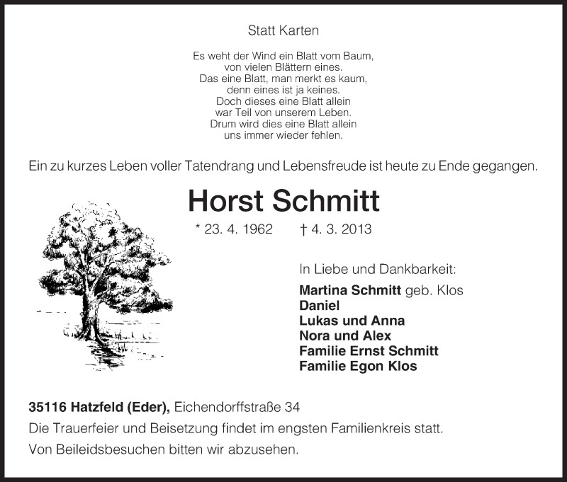  Traueranzeige für Horst Schmitt vom 05.03.2013 aus HNA
