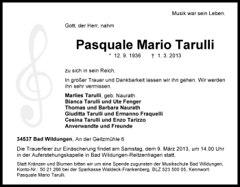 Traueranzeige von Pasquale Mario Tarulli von HNA
