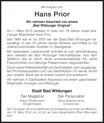 Traueranzeige von Hans Prior von HNA