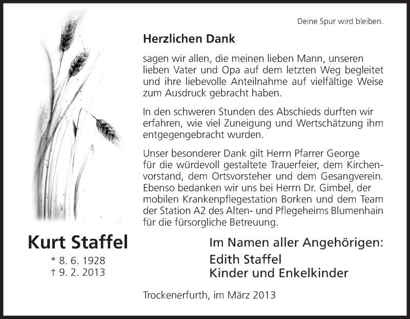  Traueranzeige für Kurt Staffel vom 09.03.2013 aus HNA