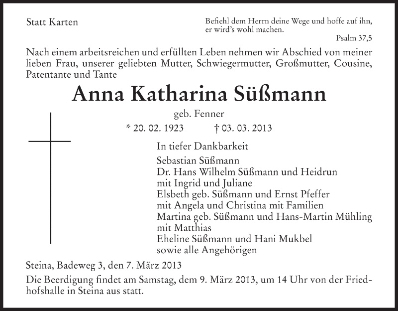  Traueranzeige für Anna Katharina Süßmann vom 07.03.2013 aus HNA