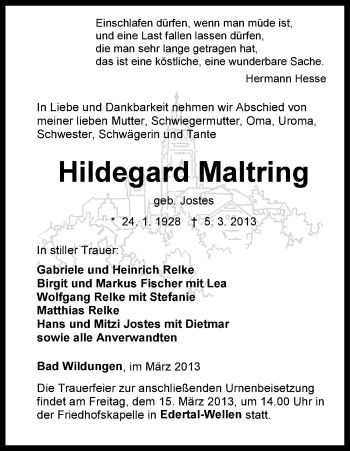 Traueranzeige von Hildegard Maltring von HNA