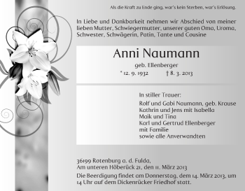 Traueranzeige von Anni Naumann von HNA