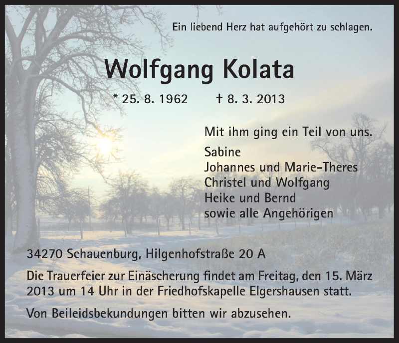  Traueranzeige für Wolfgang Kolata vom 12.03.2013 aus HNA