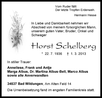 Traueranzeige von Horst Schelberg von HNA