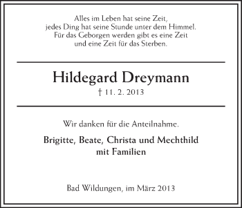 Traueranzeige von Hildegard Dreymann von HNA