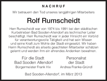 Traueranzeige von Rolf Rumscheidt von HNA