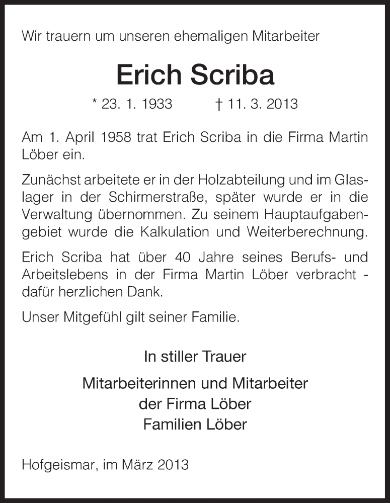  Traueranzeige für Erich Scriba  vom 15.03.2013 aus HNA