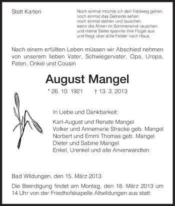 Traueranzeige von August Mangel von HNA