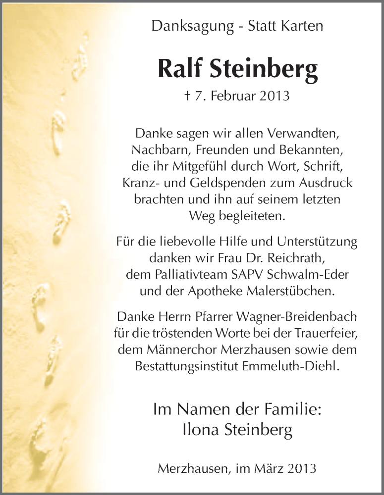  Traueranzeige für Ralf Steinberg vom 16.03.2013 aus HNA
