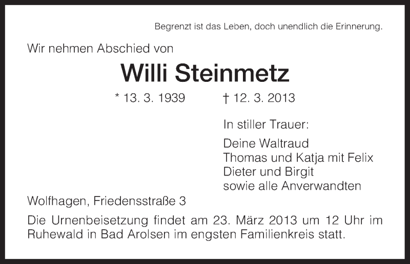  Traueranzeige für Willi Steinmetz vom 19.03.2013 aus HNA