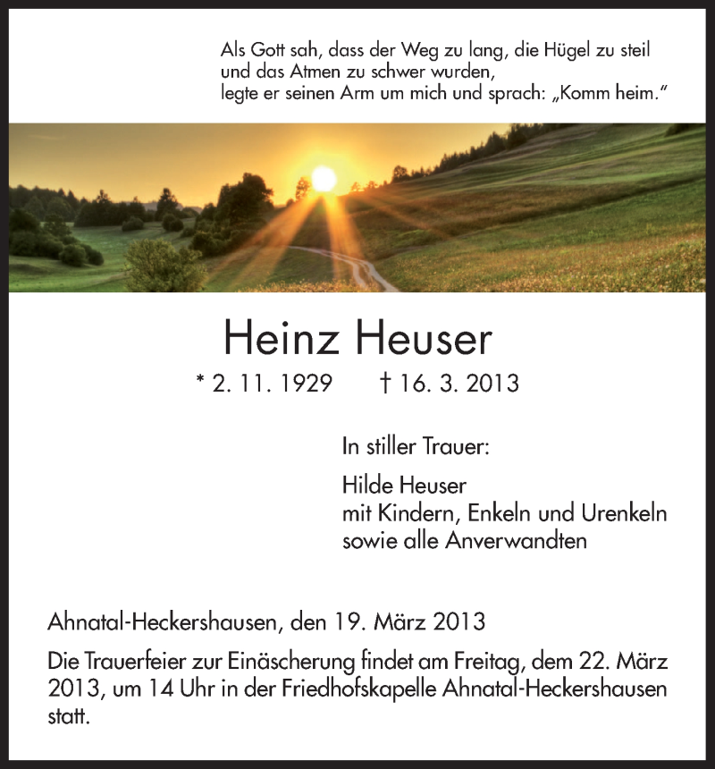  Traueranzeige für Heinz Heuser vom 19.03.2013 aus HNA
