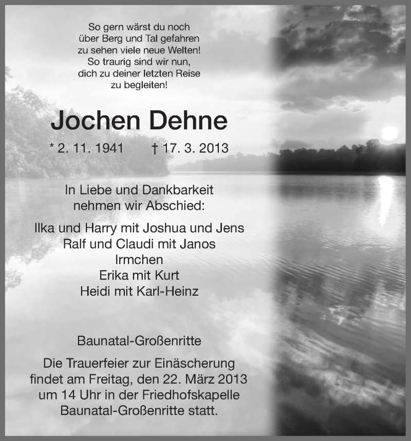  Traueranzeige für Jochen Dehne vom 19.03.2013 aus HNA
