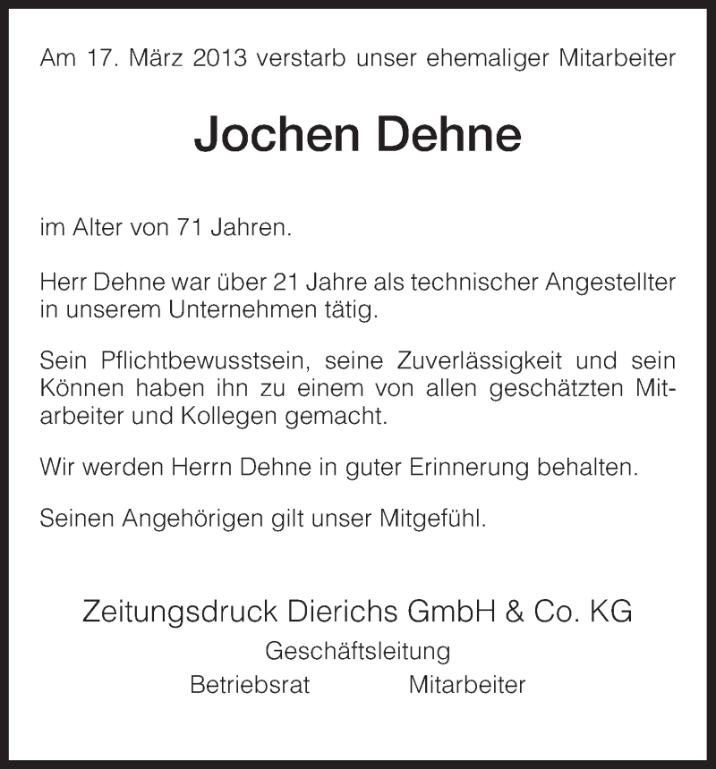  Traueranzeige für Jochen Dehne vom 19.03.2013 aus HNA