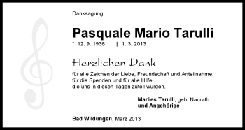 Traueranzeige von Pasquale Mario Tarulli von HNA