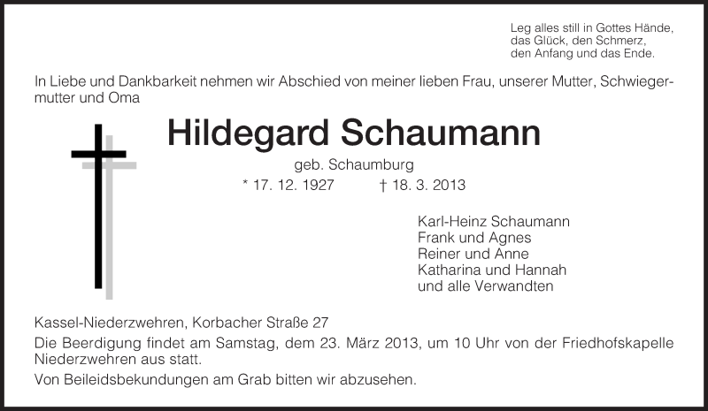  Traueranzeige für Hildegard Schaumann vom 20.03.2013 aus HNA