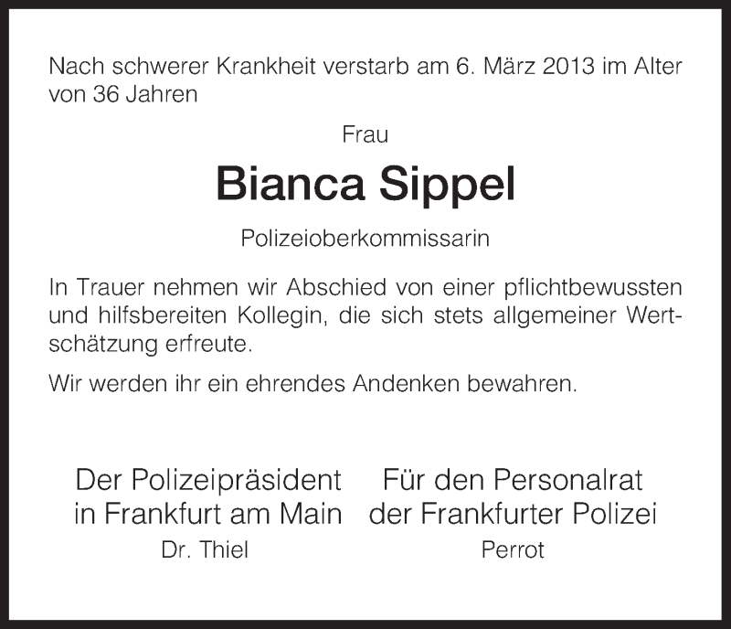  Traueranzeige für Bianca Sippel vom 23.03.2013 aus HNA