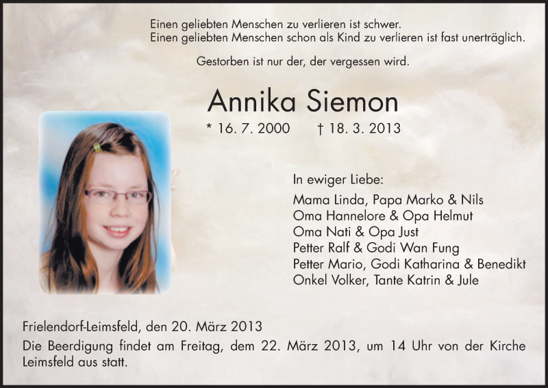  Traueranzeige für Annika Siemon vom 20.03.2013 aus HNA