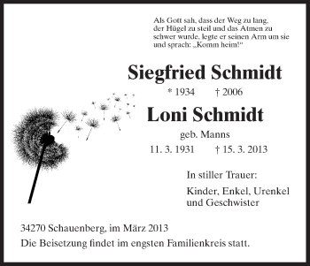 Traueranzeige von Siegfried Schmidt von HNA