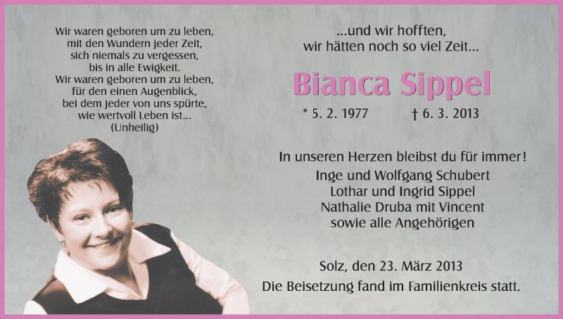  Traueranzeige für Bianca Sippel vom 23.03.2013 aus HNA