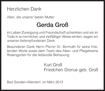 Traueranzeige von Gerda Groß von HNA