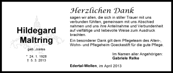 Traueranzeige von Hildegard Maltring von HNA
