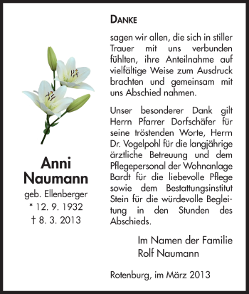Traueranzeige von Anni Naumann von HNA