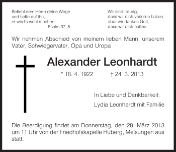 Traueranzeige von Alexander Leonhardt von HNA