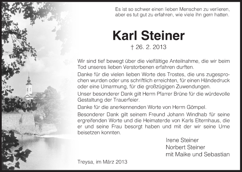  Traueranzeige für Karl Steiner vom 30.03.2013 aus HNA