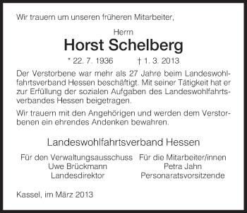 Traueranzeige von Horst Schelberg von HNA