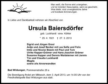 Traueranzeige von Ursula Baiersdörfer von HNA