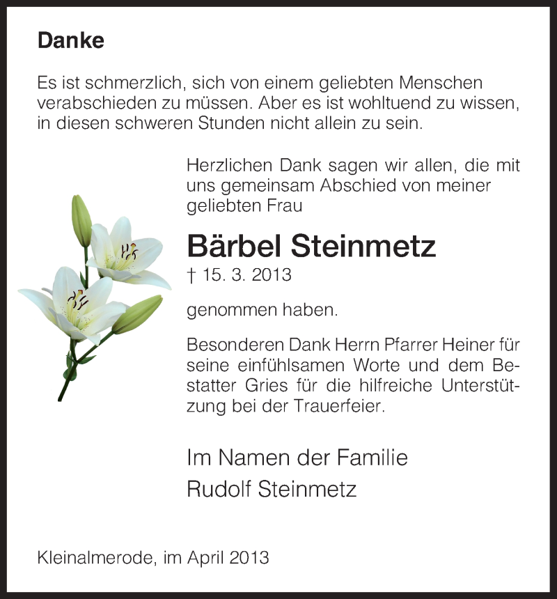  Traueranzeige für Bärbel Steinmetz vom 05.04.2013 aus HNA