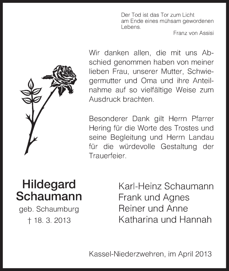  Traueranzeige für Hildegard Schaumann vom 05.04.2013 aus HNA