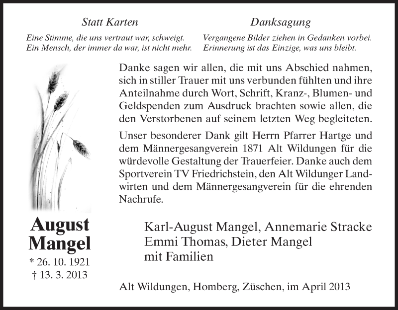 Traueranzeige für August Mangel vom 06.04.2013 aus HNA