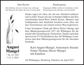 Traueranzeige von August Mangel von HNA