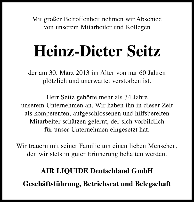 Traueranzeige für Heinz-Dieter Seitz vom 05.04.2013 aus HNA